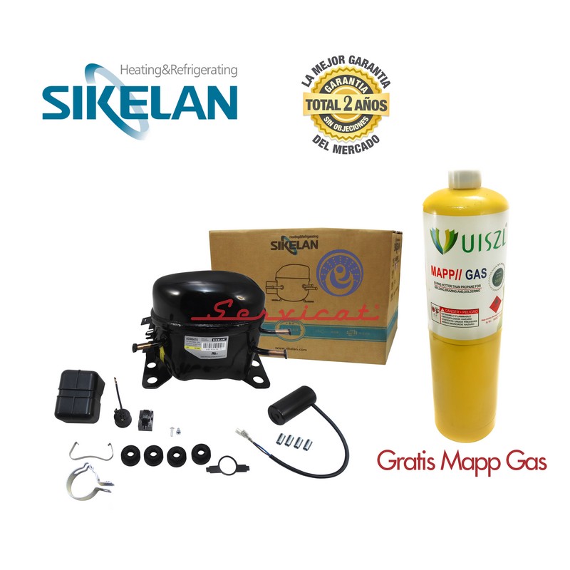 KIT COMPRESOR 1/5HP R134A SIKELAN + GAS R134-A YETI + VALVULA DE CARGA + SOLDADURA TODAS LAS MARCAS