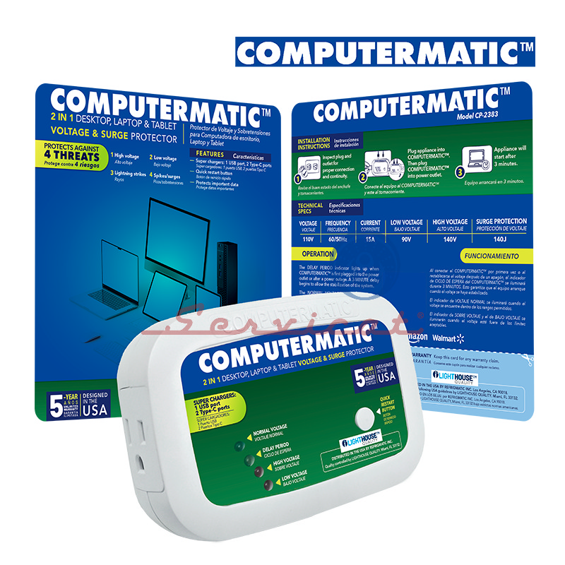 PROTECTOR DE VOLTAJE 110V - 3MIN - 15A COMPUTERMATIC DESKTOP/LAPTOP/TABLET TODAS LAS MARCAS