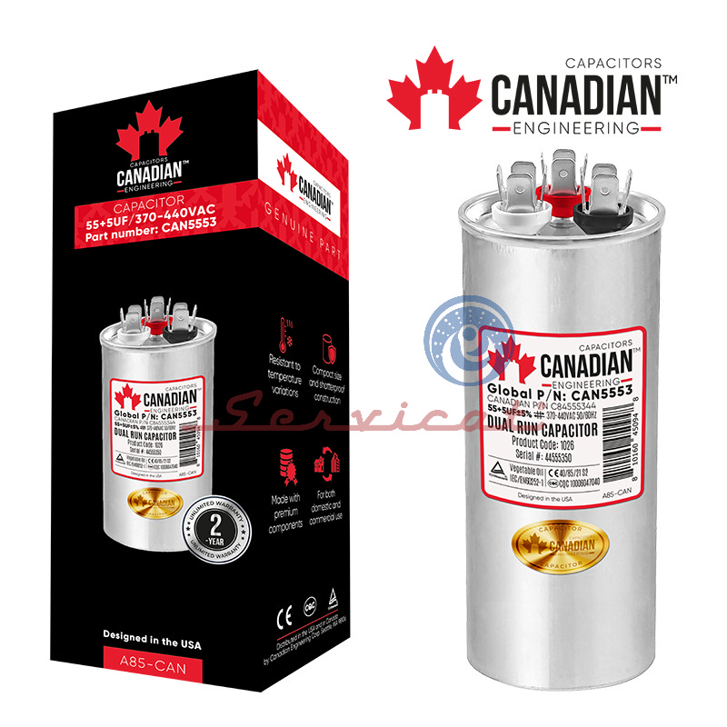 CAPACITOR DE MARCHA 55+5UF A 370-440VAC ORIGINAL CANADIAN AIRE ACONDICIONADO TODAS LAS MARCAS